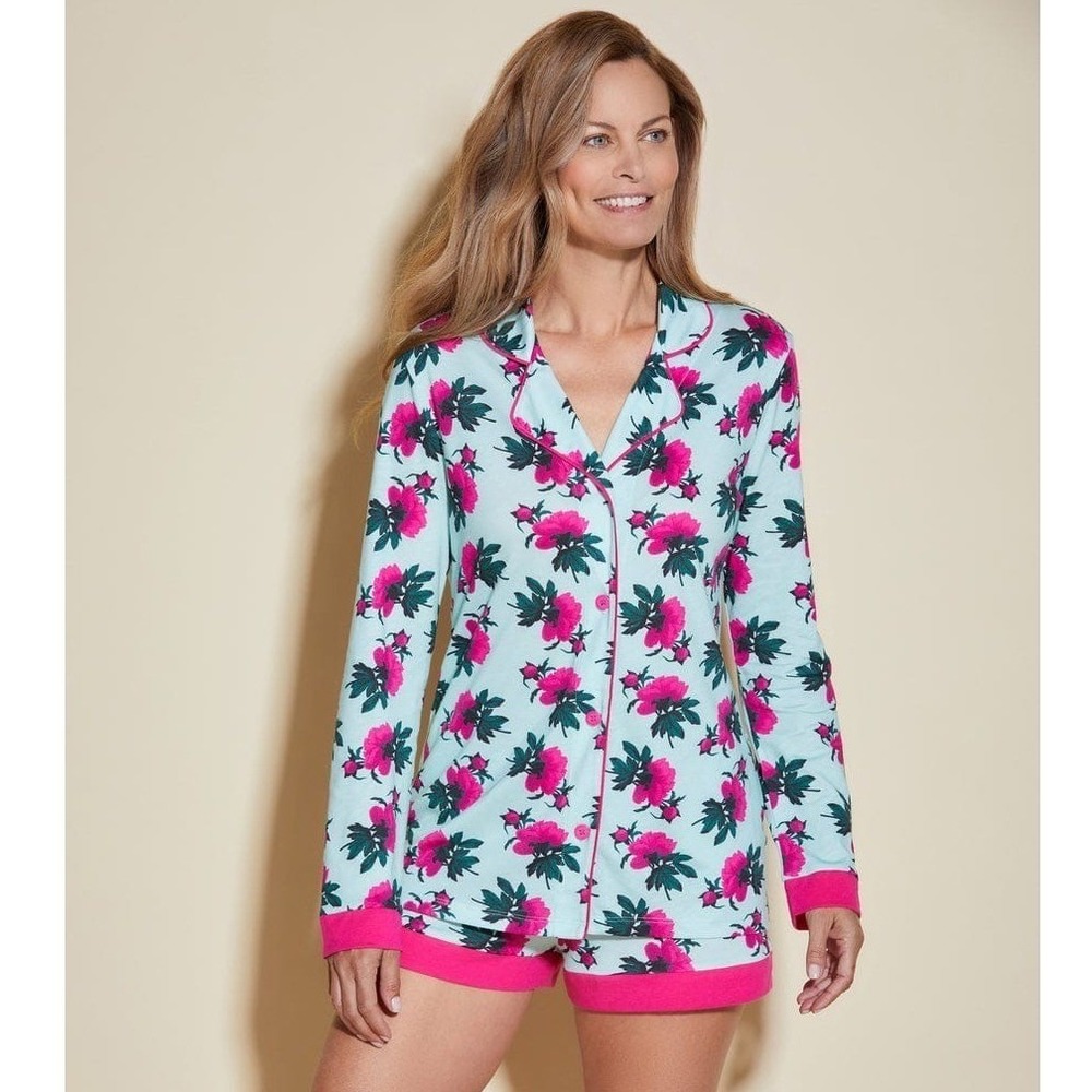 Cosabella Bella Printed Comfort Pajama Set Lagoon Mint Dark Peony Floral XS NEW